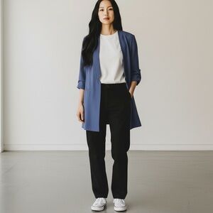 Eileen Fisher Silk Georgette Long Navy Open Front Notched Blazer Size Small